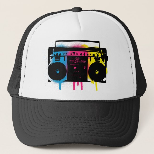 Retro CMYK Boombox Grafitti Spray Paint Design Trucker Hat (Front)
