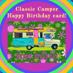 Retro Coach Camper and Mod Flowers Happy Birthday Card