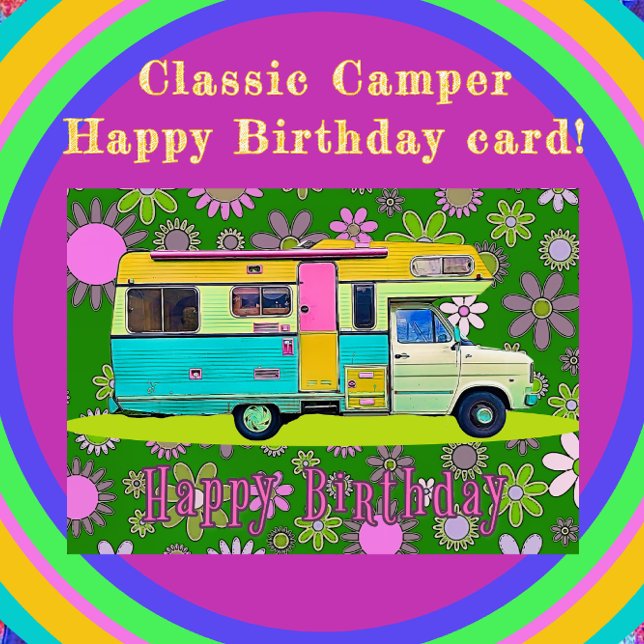 Retro Coach Camper and Mod Flowers Happy Birthday Card (Creator Uploaded)