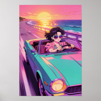 Retro Coastal Drive 90s Anime Sunset Poster