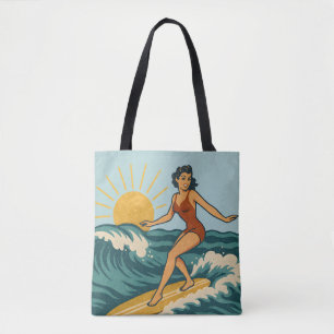Retro Coastal Pin-Up Surfer Art   Blue Surf Beach Tote Bag