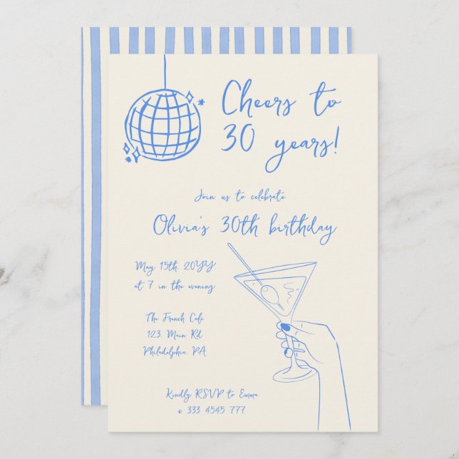 Retro Cocktail Birthday Party striped invitation (Front/Back)