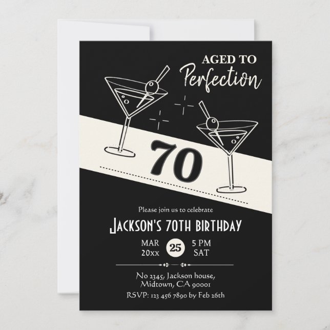 Retro cocktail black & white martini 70th Birthday Invitation (Front)