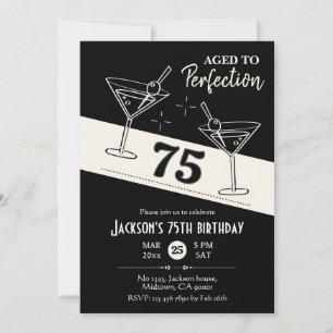 Retro cocktail black & white martini 75th Birthday Invitation