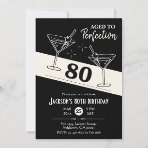 Retro cocktail black & white martini 80th Birthday Invitation