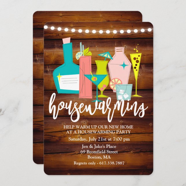 Retro Cocktail Drinks Housewarming Invitation (Front/Back)