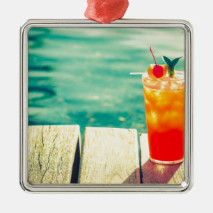 Retro cocktail sunset pool bar metal ornament