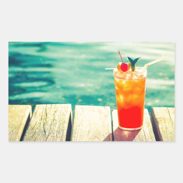 Retro cocktail sunset pool bar rectangular sticker (Front)