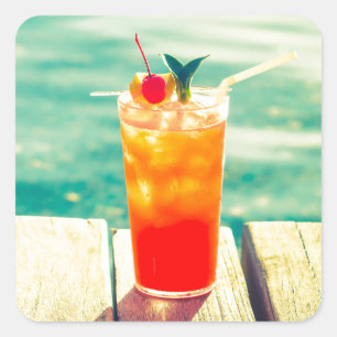 Retro cocktail sunset pool bar square sticker