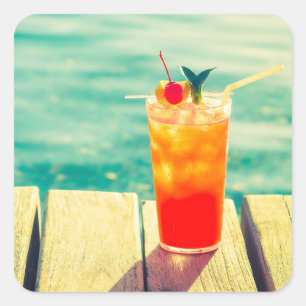 Retro cocktail sunset pool bar square sticker