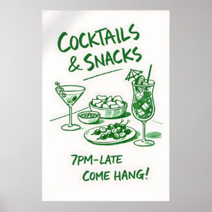 Retro Cocktails & Snacks Poster, Minimalist Bar Poster