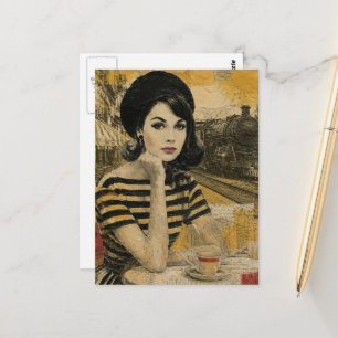 Retro Coffee at the Train Station Woman Collage Postcard