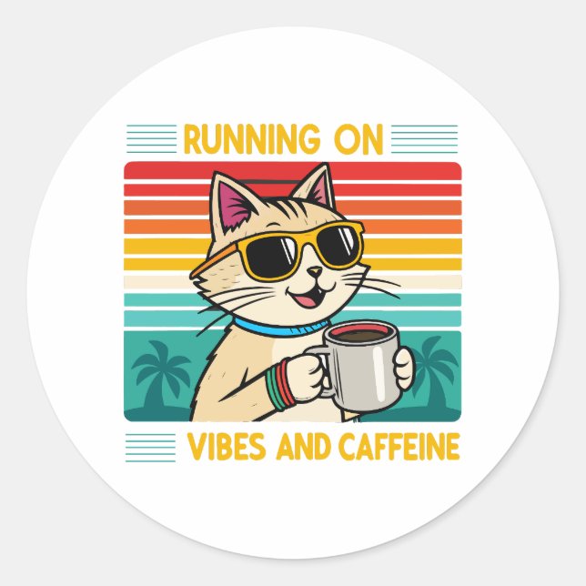Retro Coffee Cat Vibes - Funny Caffeine Lover Classic Round Sticker (Front)