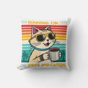Retro Coffee Cat Vibes – Funny Caffeine Lover Cushion