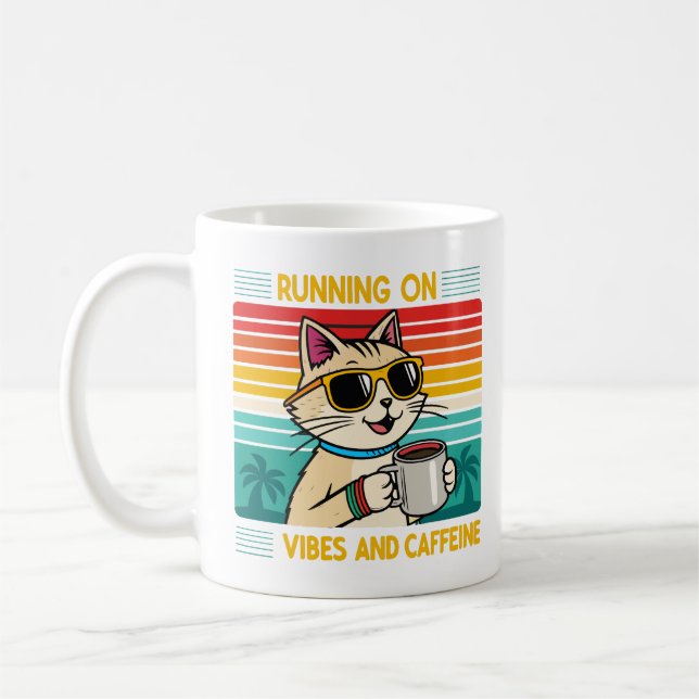 Retro Coffee Cat Vibes - Funny Caffeine Lover Mug (Left)
