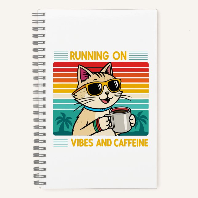 Retro Coffee Cat Vibes - Funny Caffeine Lover Notebook (Front)