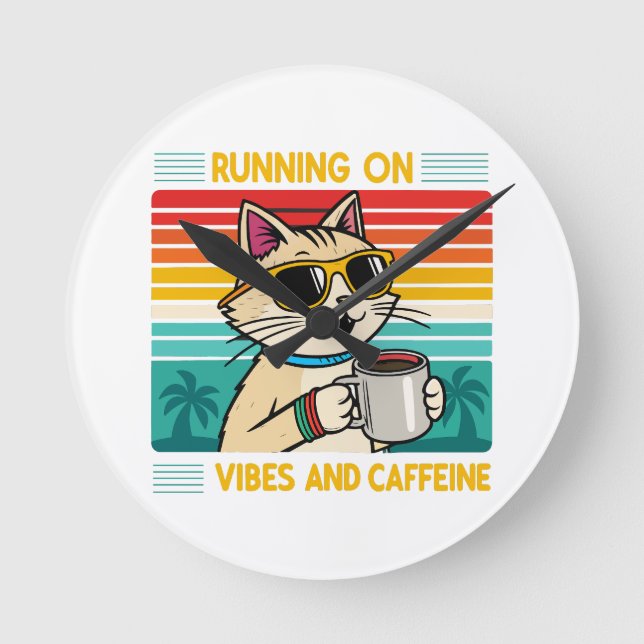 Retro Coffee Cat Vibes - Funny Caffeine Lover Round Clock (Front)