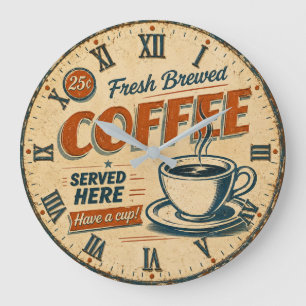 Retro Coffee Diner Fresh Brewed Vintage Kitchen Large Clock
