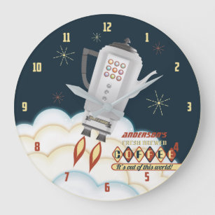 Retro coffee pot rocket personalized kitchen large clock