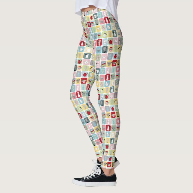 Retro Coffee Pots and Cups Pattern Leggings (Left)