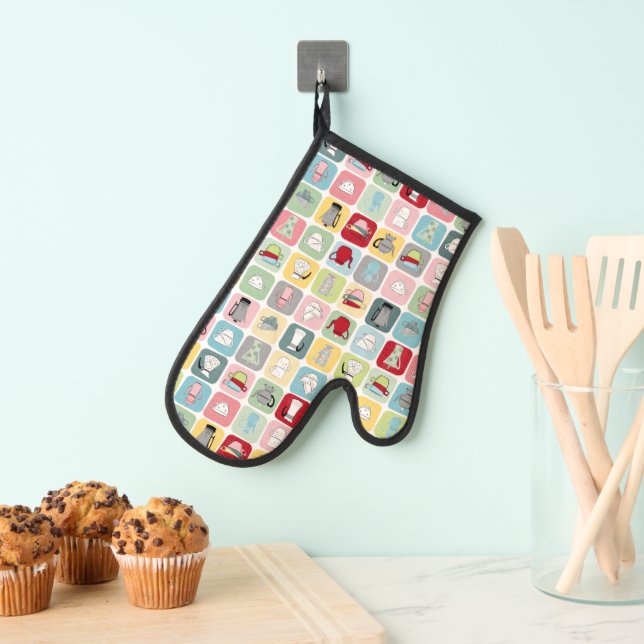 Retro Coffee Pots and Cups Pattern Oven Mitt (Insitu(Hanging))