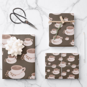 Retro Coffee Time Cups Brown Flat  Wrapping Paper Sheet