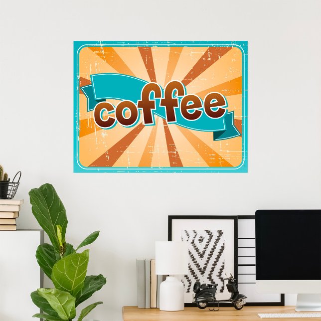 Retro Coffee Typography Teal Brown Sunburst Poster (Creator Uploaded)