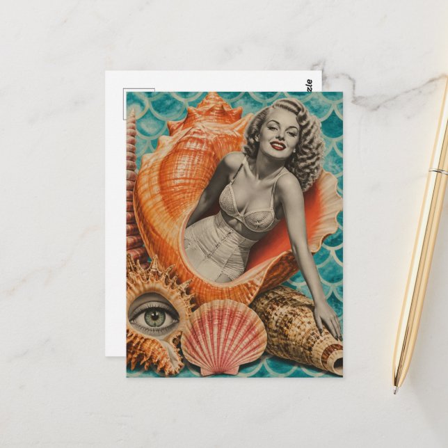 Retro Collage She Sells the Seashells  Postcard (Front/Back In Situ)