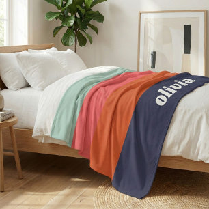 Retro Color Block Navy Blue Pink Personalized Name Fleece Blanket