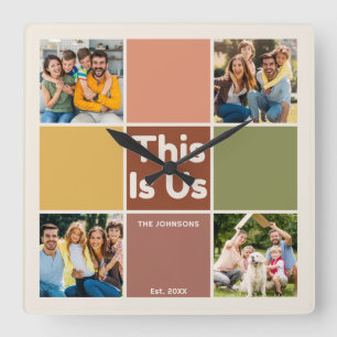 Retro Color Block This Is Us Quote 4 Photo Collage Square Wall Clock