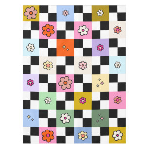Retro Colorful Checkered Daisies Flower Check Tablecloth