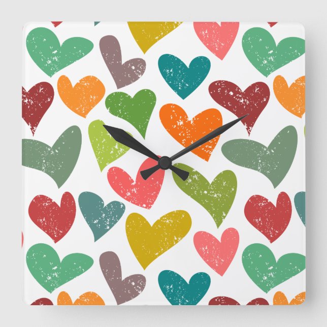 Retro Colorful Groovy Valentine Hearts Pattern Square Wall Clock (Front)