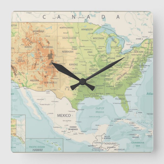 Retro Colour Map of the World Square Wall Clock (Front)