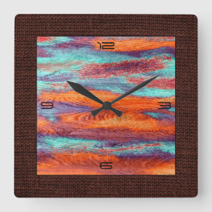 Retro Colour Wood Grain Burlap Border Square Wall Clock