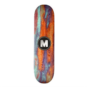 Retro Colour Wood Grain Texture Monogram Skateboard