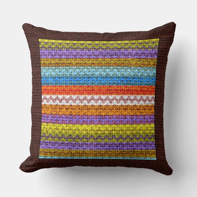 Retro Coloured Chevron Modern Burlap Border Cushion (Front)