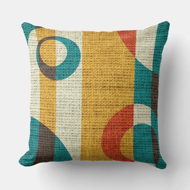 Retro Coloured Circles Burlap Rustic Jute #2 Cushion (Front)