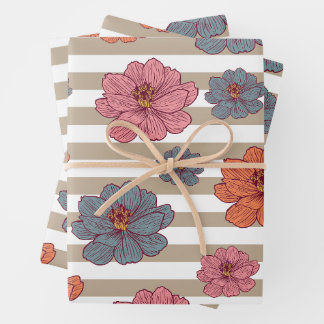 Retro Coloured Flower Pattern Wrapping Paper Sheet
