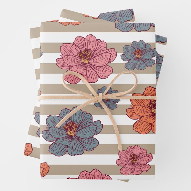 Retro Coloured Flower Pattern Wrapping Paper Sheet (In situ)