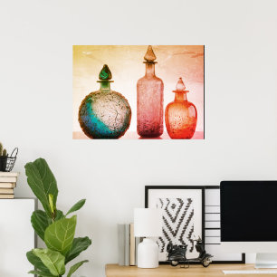 Retro Coloured Glass Perfume Bottles On a Wall Poster