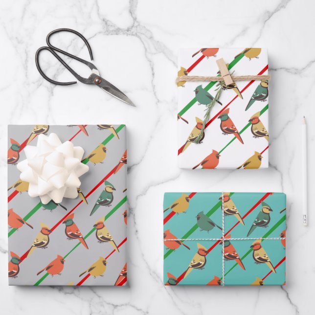 Retro Coloured Holiday Birds & Stripes Wrapping Paper Sheet (Front)