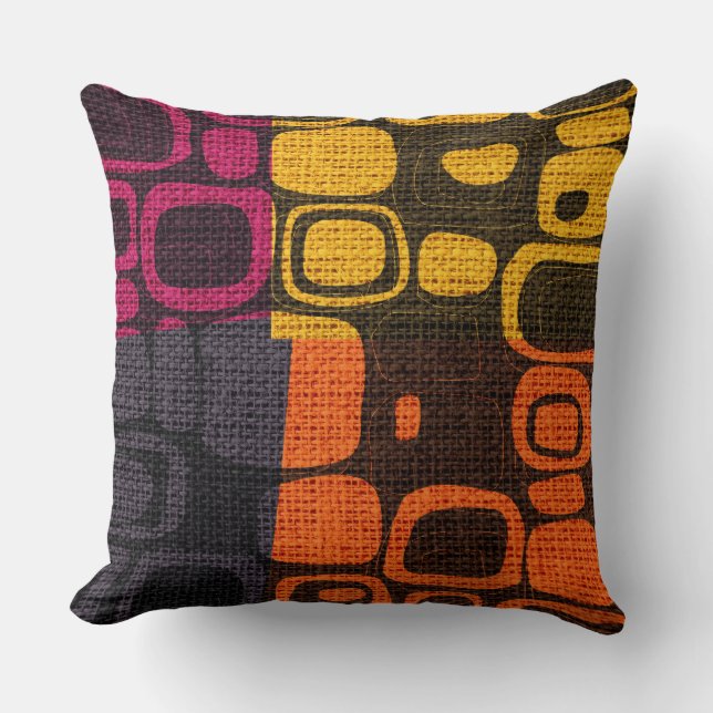 Retro Coloured Tiles Burlap Rustic Jute #2 Cushion (Front)