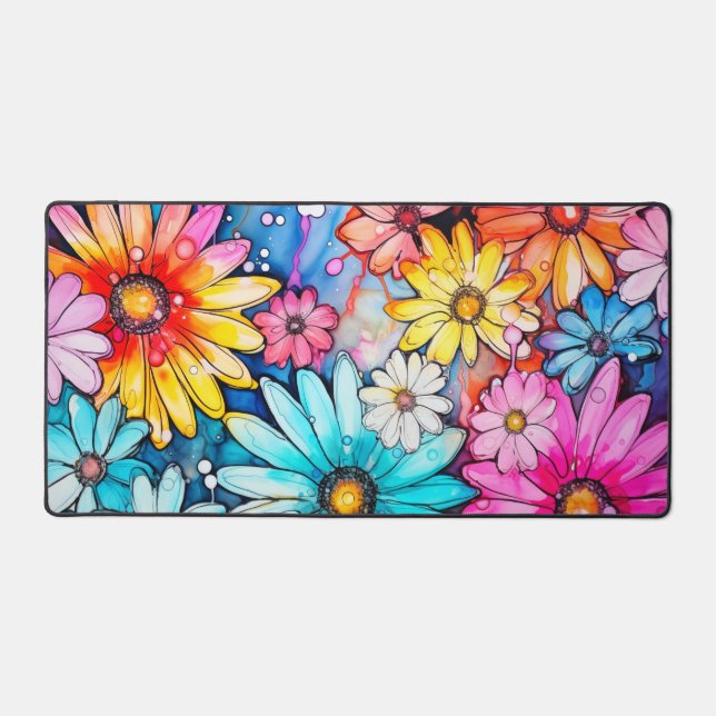 Retro Colourful Abstract Daisy Flowers Desk Mat (Front)