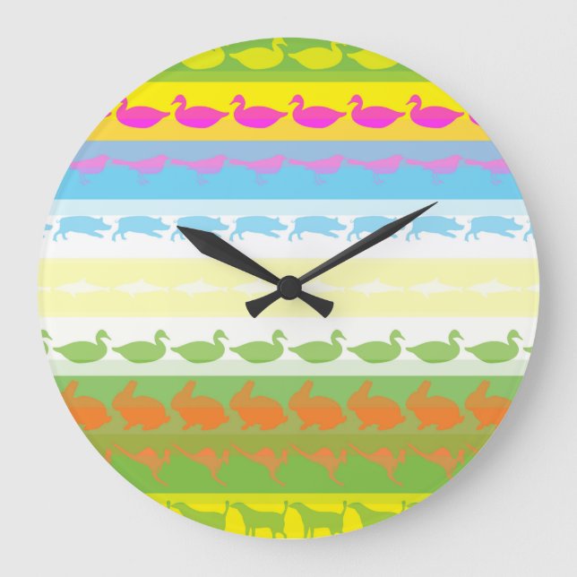 Retro Colourful Animals Modern Stripes Pattern #4 Large Clock (Front)