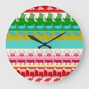 Retro Colourful Animals Modern Stripes Pattern #9 Large Clock