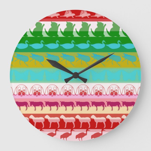 Retro Colourful Animals Modern Stripes Pattern #9 Large Clock (Front)