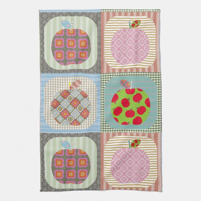 Retro colourful Apple Patchwork Quilt  Tea Towel (Vertical)