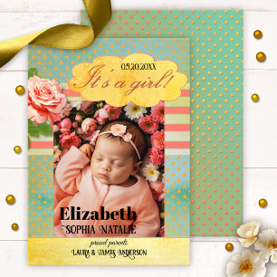 Retro Colourful Baby Girl Birth Announcement Card