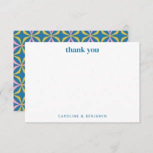 Retro Colourful Blue Geometric Modern Wedding Name Thank You Card