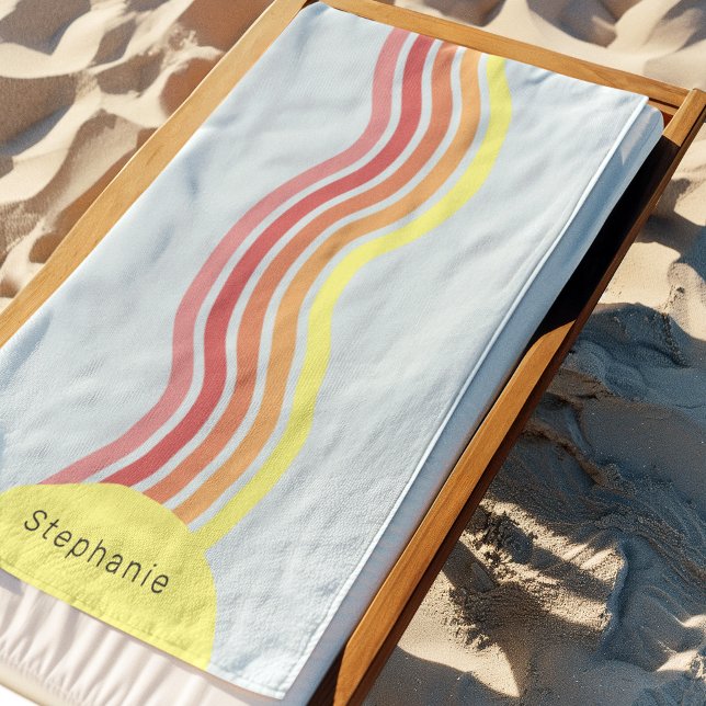 Retro Colourful Blue Groovy Lines Beach Sunrise  Beach Towel (Creator Uploaded)